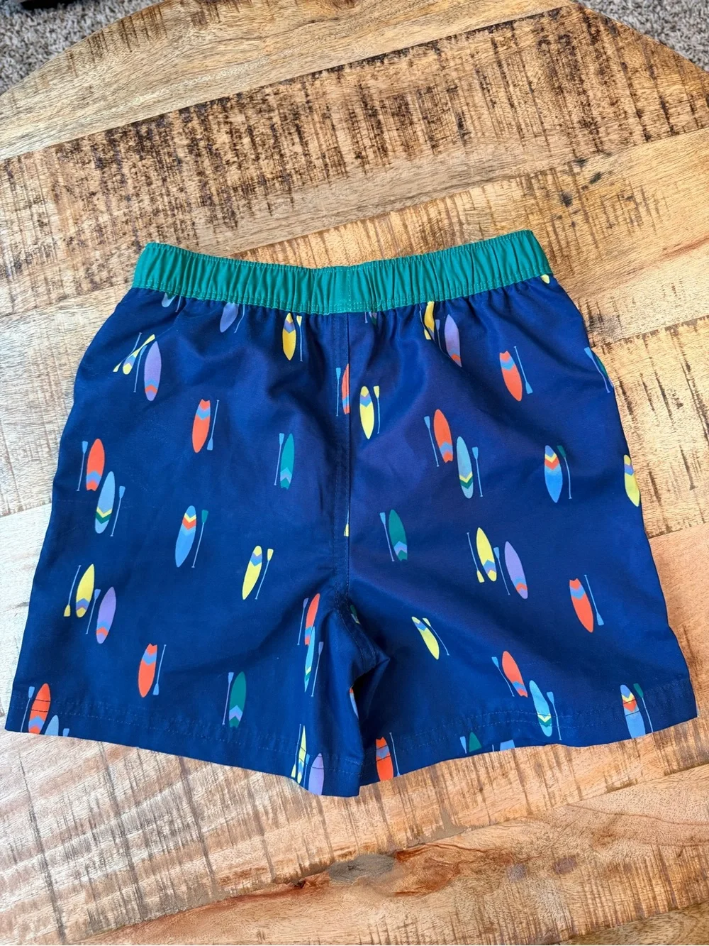 Mini Boden Kids Navy Surfboard Print Swim Shorts - Green Waistband